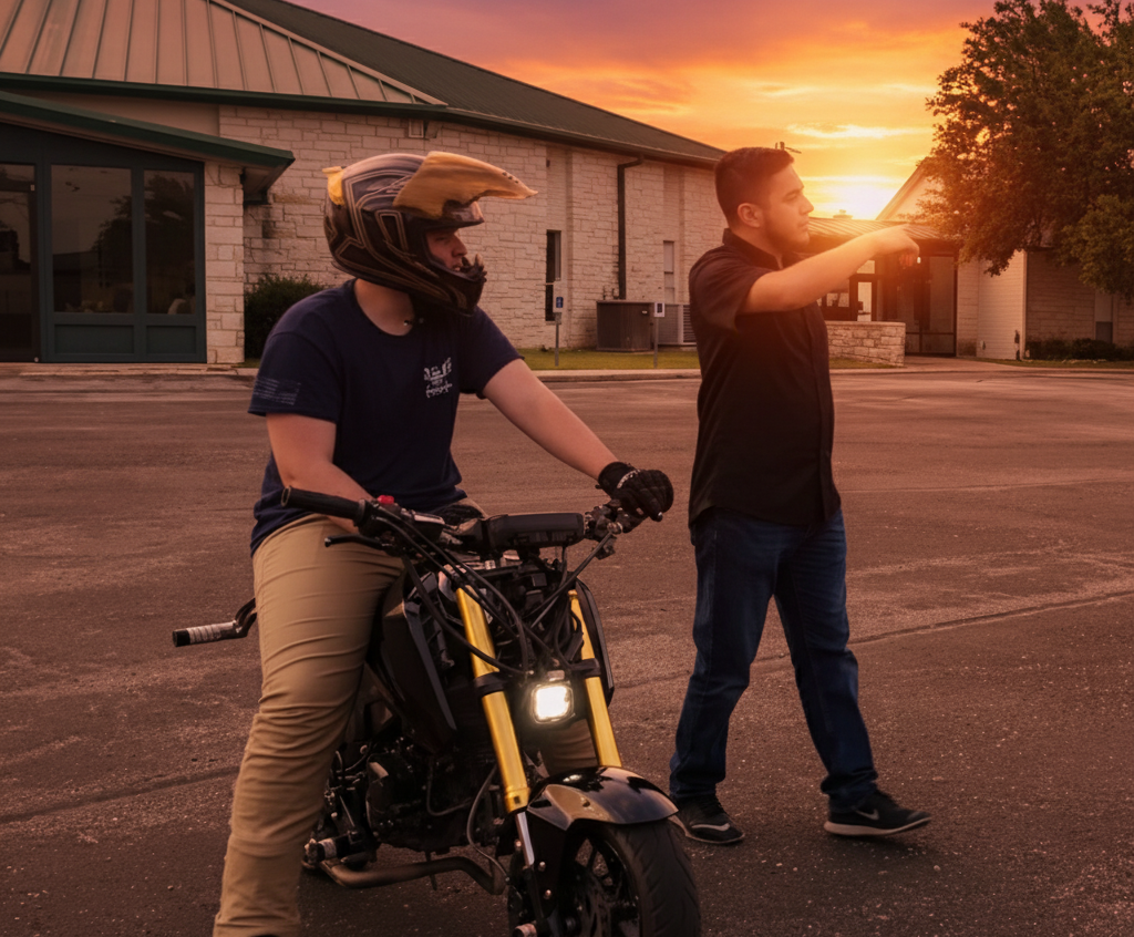 Two people with a motorcycle in a parking lot during sunset.
